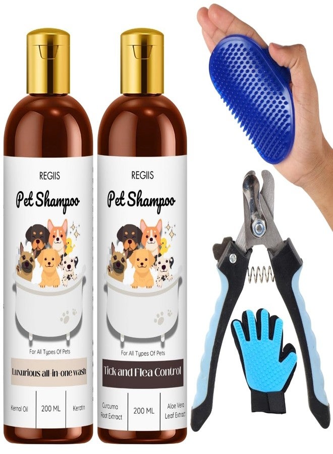 مجموعة شامبو للحيوانات الأليفة مع أدوات العناية، شامبو للكلاب ومكافحة القراد والبراغيث، 200 مل، تتضمن مقص أظافر وفرشاة عناية (5 قطع) - Image 1